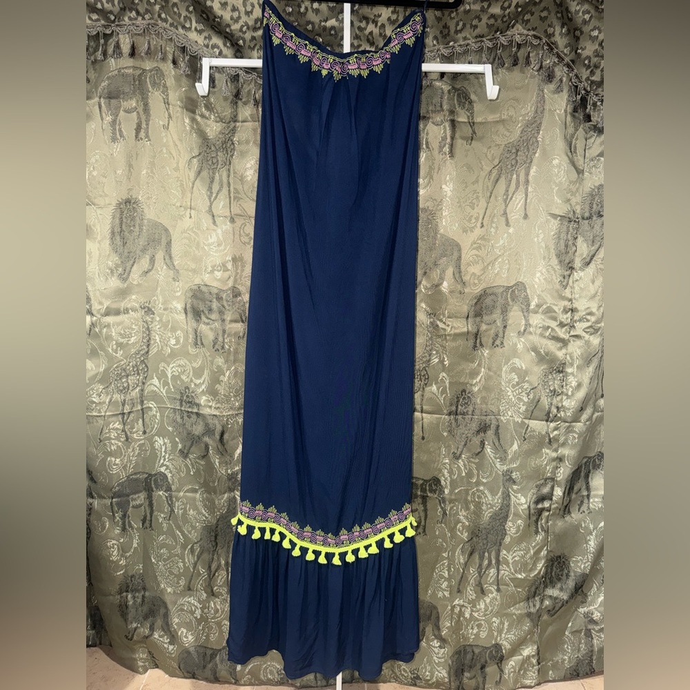 lovestitch Navy Strapless Maxi Dress with Lime & Pink Embroidered Trim